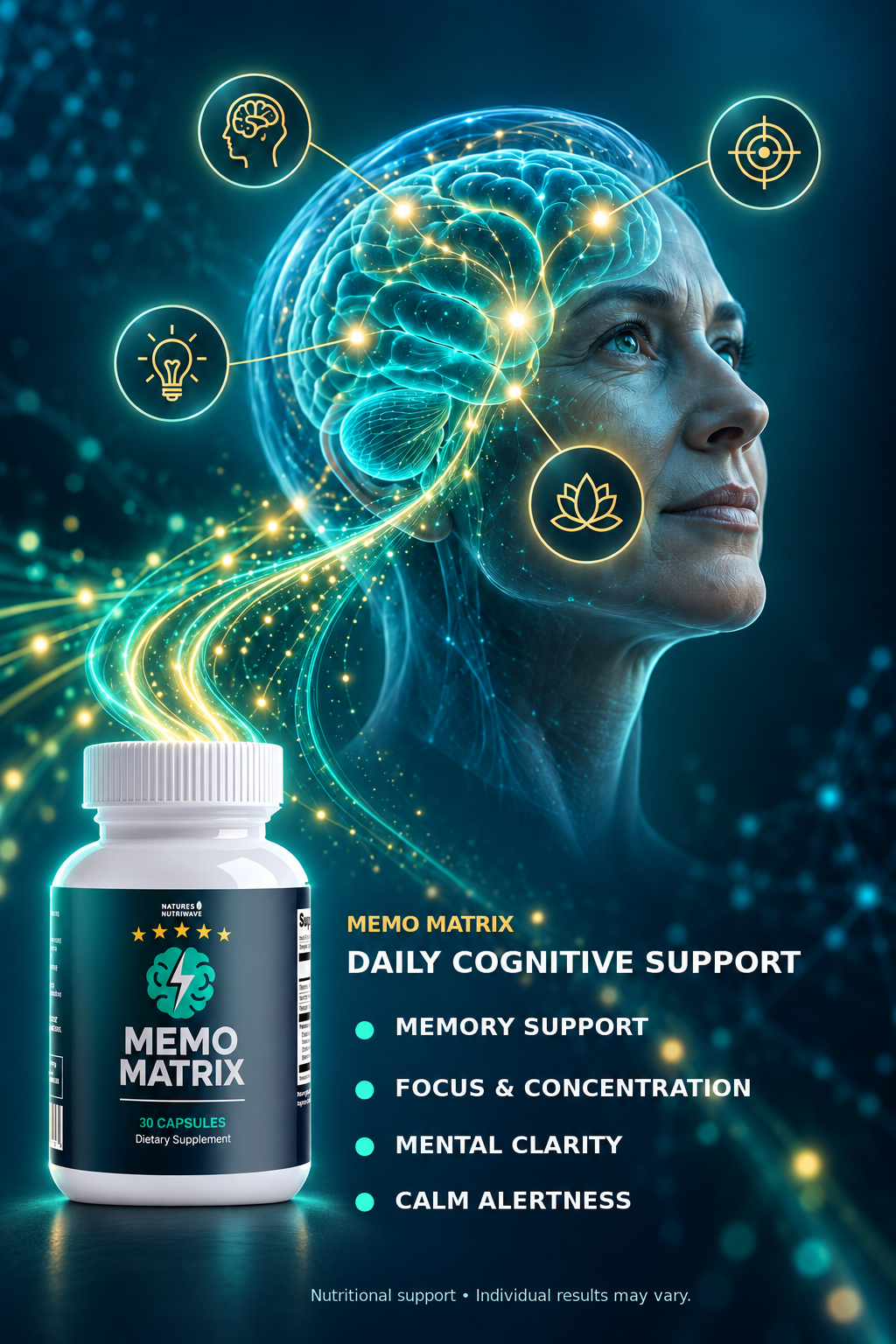 Educational representation of Memo Matrix cognitive support, with symbols for memory, focus, mental clarity and calm attention