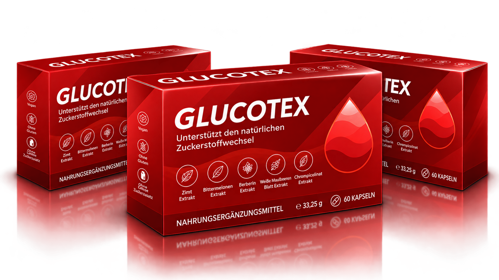 Drei rote Glucotex-Packungen